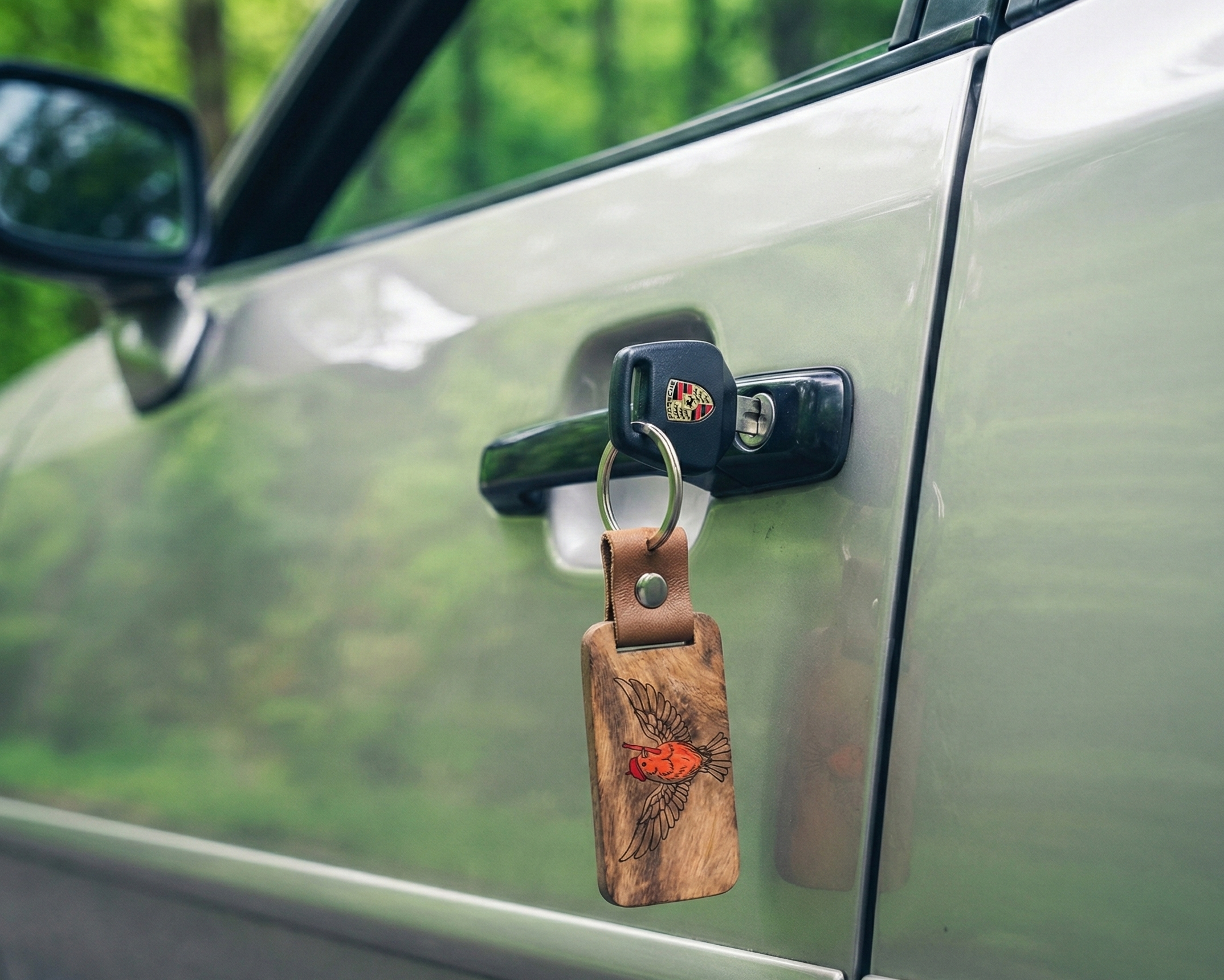 Leather Keychain - Wood Panel